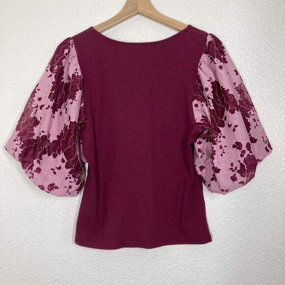 Dolan Shirt Womens Medium Burgundy Pink V-Neck Puff Sleeve Floral Lace Knit - Picture 14 of 16